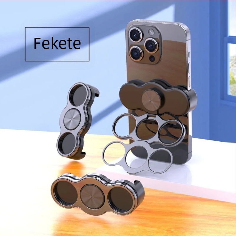 Telefon-tartó dupla gyűrűvel, három ujj hátsó részen, összecsukható és forgatható asztali klipe típusú, ötvözet, univerzális, testreszabható