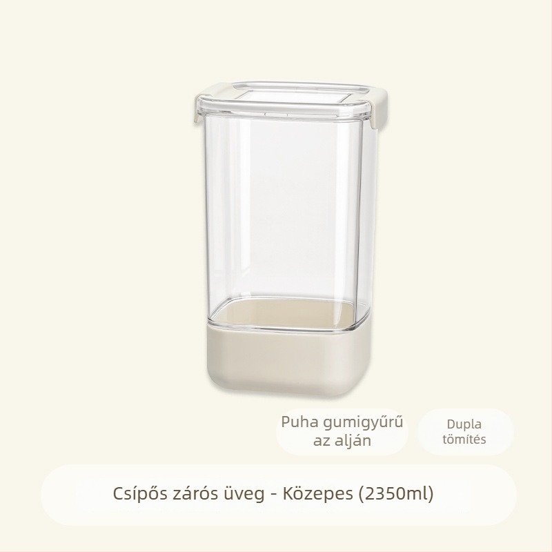 Zárható négyzet alakú tárolóüveg, élelmiszer-minőségű átlátszó műanyagból, kapacitás 2,1–3 L, gabonafélék, száraz élelmiszerek és tea számára