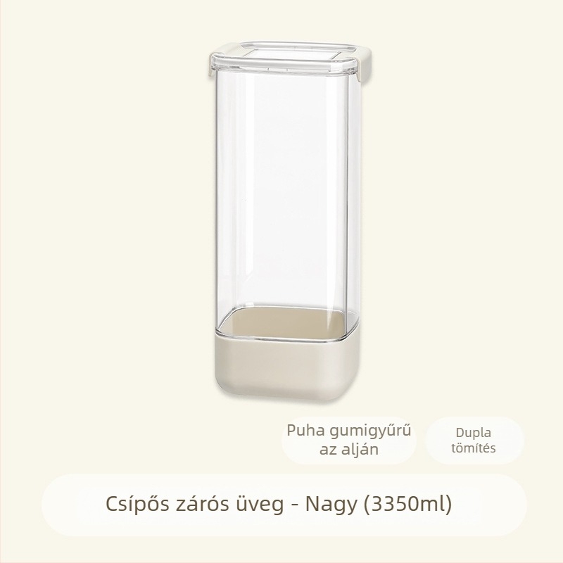 Zárható négyzet alakú tárolóüveg, élelmiszer-minőségű átlátszó műanyagból, kapacitás 2,1–3 L, gabonafélék, száraz élelmiszerek és tea számára