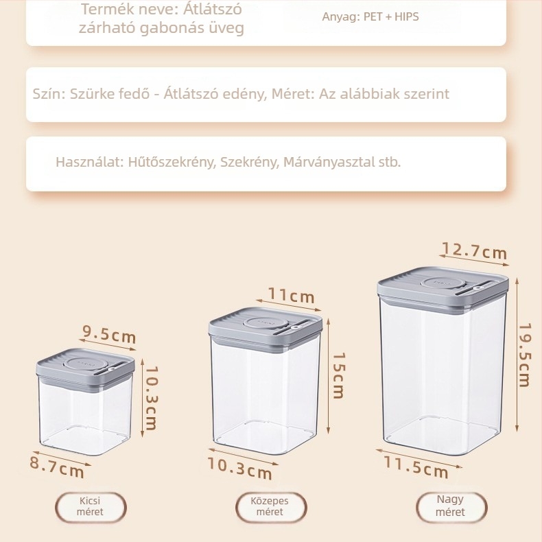 3 részes négyszögletes PET légmentesen záró konyhai tárolóedények, átlátszó, 1-2 L kapacitás, mikrohullámú sütőben nem használható