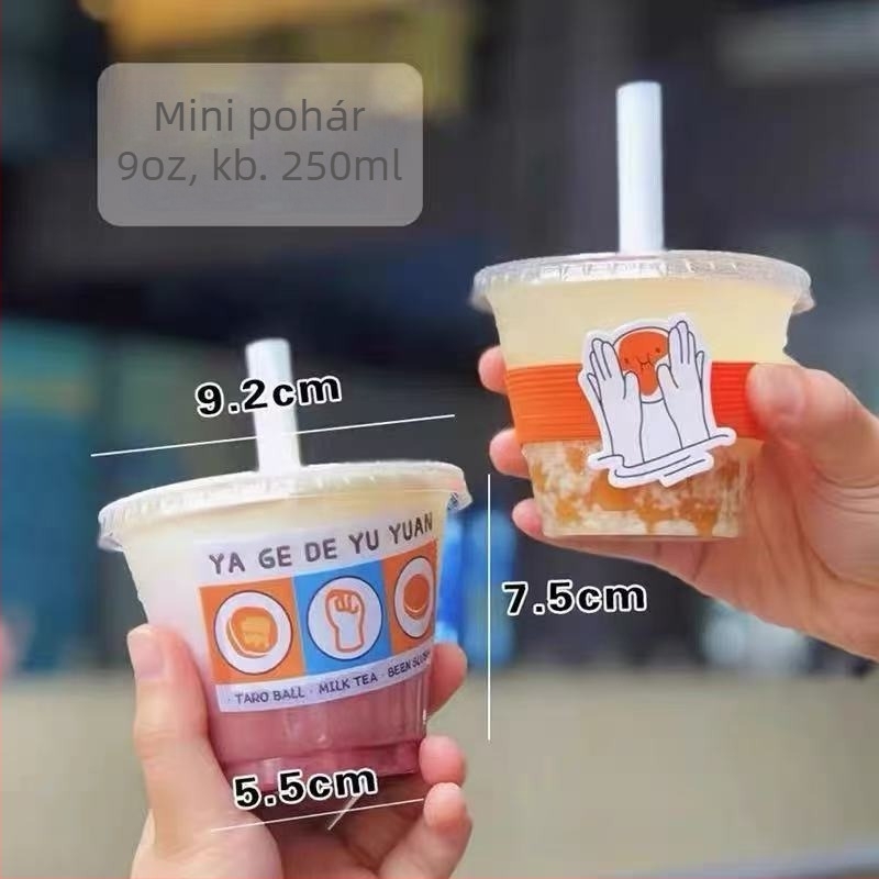 Egyszer használatos mini teás pohár tejjel, PET műanyag, szivárgásmentes, magas átláthatóság, kapacitás <100 ml