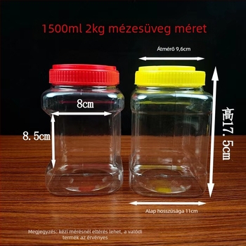 Tárolóedény, négyzet alakú, vastag falú, PET műanyagból, zárható fedél, kapacitás 0.5-2 kg