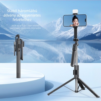 G20 alumínium selfie pálca, stabilizált négy lábú állvány, Bluetooth távirányító, 360° világítás, kézben/padlón használható