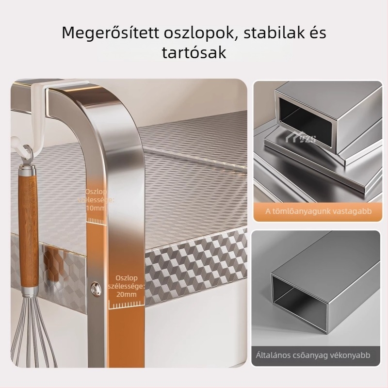 Rozsdamentes acélből készült mikrohullámú sütő állvány, többszintes tároló a pulton, modern minimalist stílus, modell AQ-1841Y, termék szám AQ-1841X