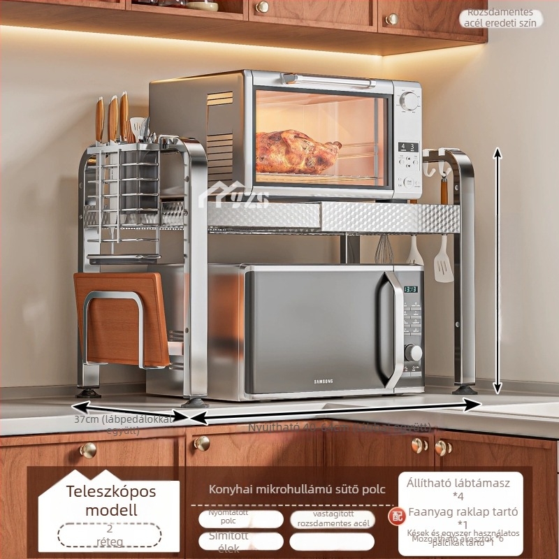 Rozsdamentes acélből készült mikrohullámú sütő állvány, többszintes tároló a pulton, modern minimalist stílus, modell AQ-1841Y, termék szám AQ-1841X