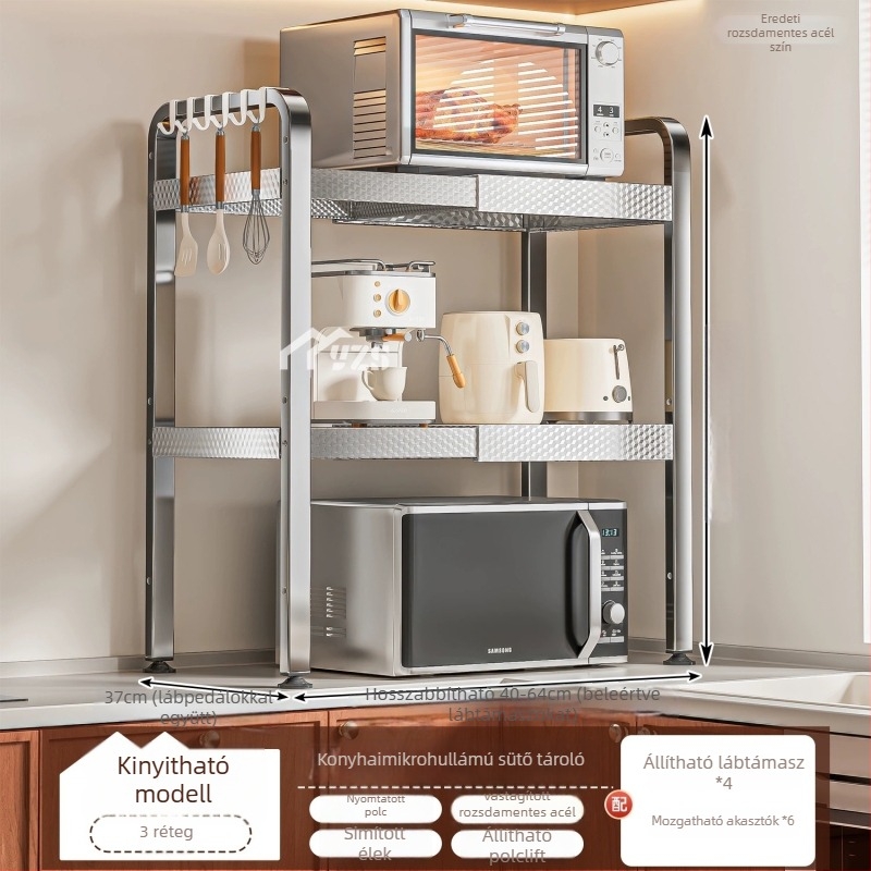 Rozsdamentes acélből készült mikrohullámú sütő állvány, többszintes tároló a pulton, modern minimalist stílus, modell AQ-1841Y, termék szám AQ-1841X