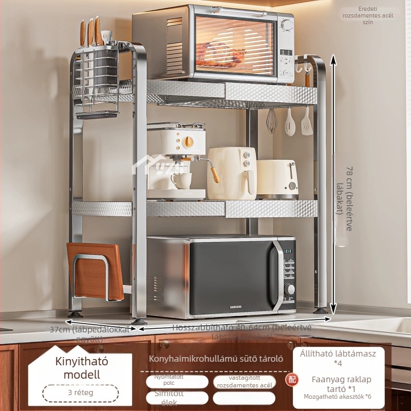 Rozsdamentes acélből készült mikrohullámú sütő állvány, többszintes tároló a pulton, modern minimalist stílus, modell AQ-1841Y, termék szám AQ-1841X