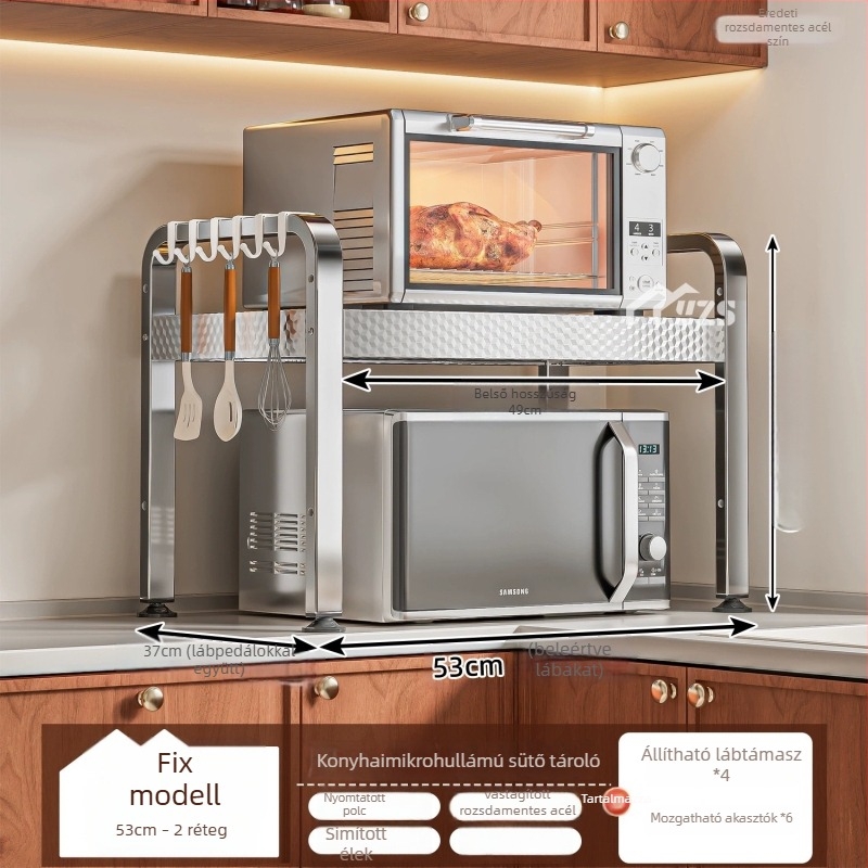 Rozsdamentes acélből készült mikrohullámú sütő állvány, többszintes tároló a pulton, modern minimalist stílus, modell AQ-1841Y, termék szám AQ-1841X