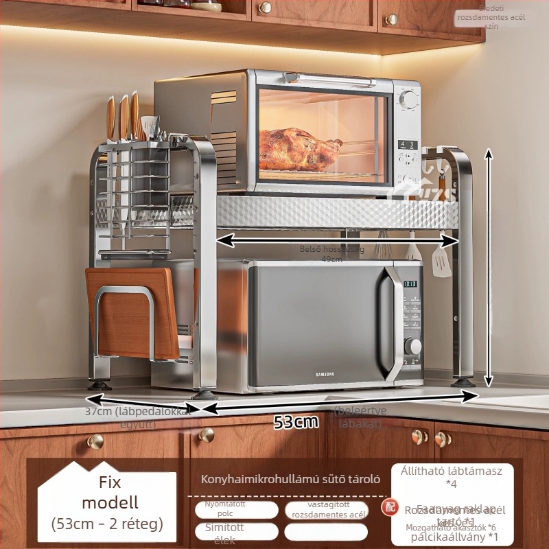 Rozsdamentes acélből készült mikrohullámú sütő állvány, többszintes tároló a pulton, modern minimalist stílus, modell AQ-1841Y, termék szám AQ-1841X