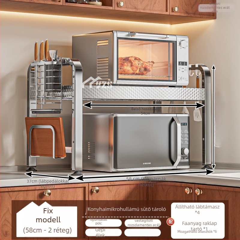 Rozsdamentes acélből készült mikrohullámú sütő állvány, többszintes tároló a pulton, modern minimalist stílus, modell AQ-1841Y, termék szám AQ-1841X