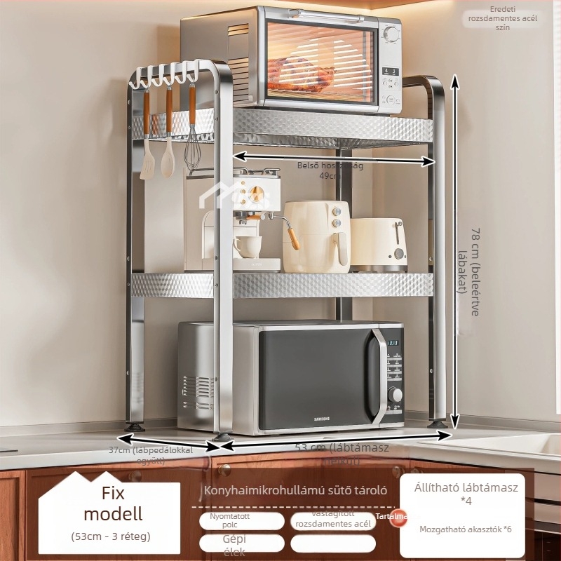 Rozsdamentes acélből készült mikrohullámú sütő állvány, többszintes tároló a pulton, modern minimalist stílus, modell AQ-1841Y, termék szám AQ-1841X