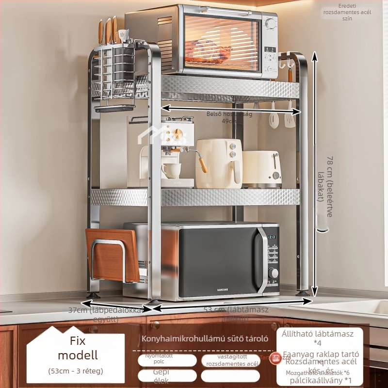 Rozsdamentes acélből készült mikrohullámú sütő állvány, többszintes tároló a pulton, modern minimalist stílus, modell AQ-1841Y, termék szám AQ-1841X