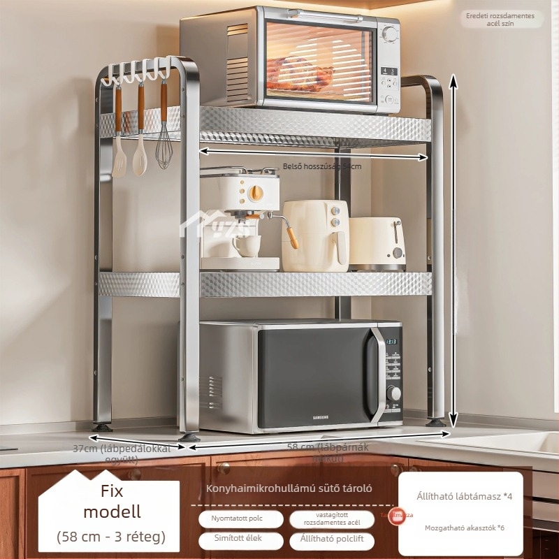 Rozsdamentes acélből készült mikrohullámú sütő állvány, többszintes tároló a pulton, modern minimalist stílus, modell AQ-1841Y, termék szám AQ-1841X