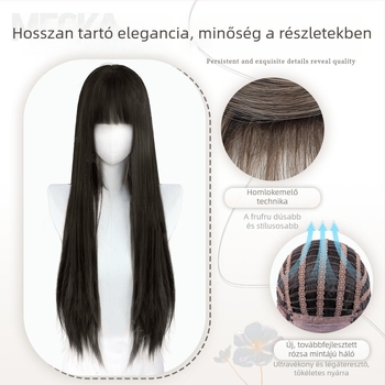Női teljes fejparuka, hosszú fekete egyenes haj Lolita stílusban, szintetikus, természetes és bolyhos, mindennapi használatra