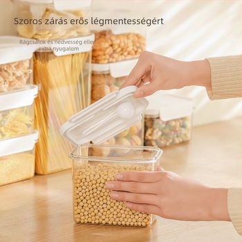Zárható négyszögletes műanyag tárolóedény száraz árukhoz, 800-1000 ml, nedvességálló, átlátszó.