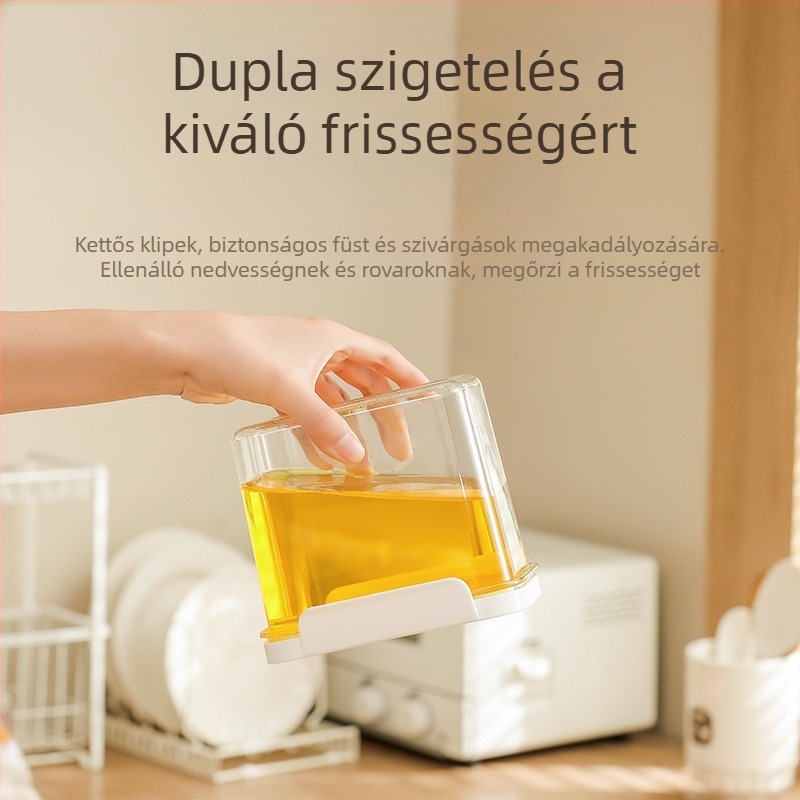 Zárható négyszögletes műanyag tárolóedény száraz árukhoz, 800-1000 ml, nedvességálló, átlátszó.