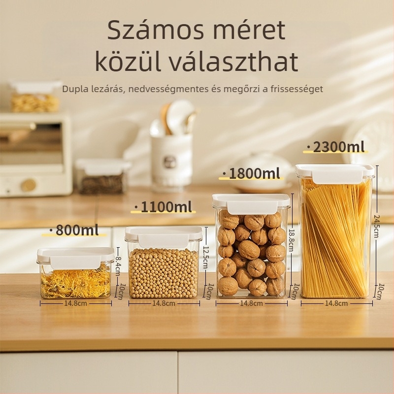 Zárható négyszögletes műanyag tárolóedény száraz árukhoz, 800-1000 ml, nedvességálló, átlátszó.