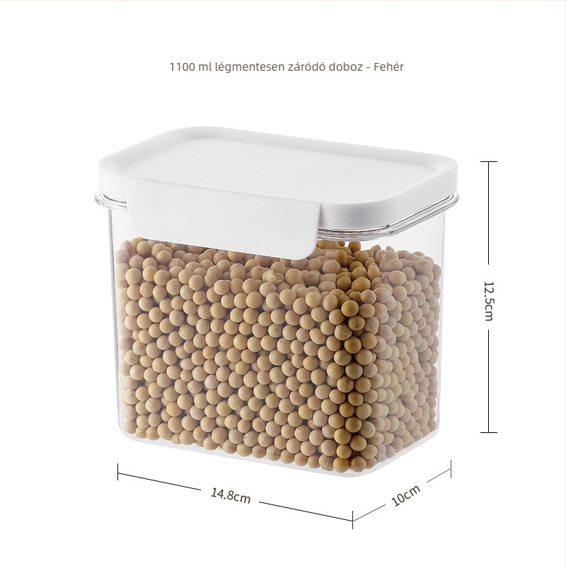 Zárható négyszögletes műanyag tárolóedény száraz árukhoz, 800-1000 ml, nedvességálló, átlátszó.