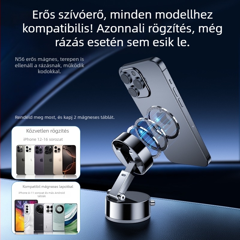 2025 Autótelefon-tartó mágneses rögzítéssel és hajlékony vákuumos csatlakozófejjel a szélvédőhöz, univerzális illeszkedés