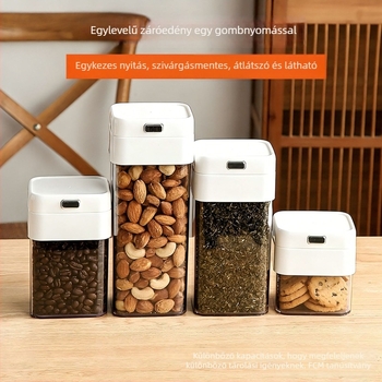 Téglalap alakú műanyag vákuumzáras tároló fedővel, 1-2 literes kapacitás, kávé, dió, nassolnivalók és tea tárolására