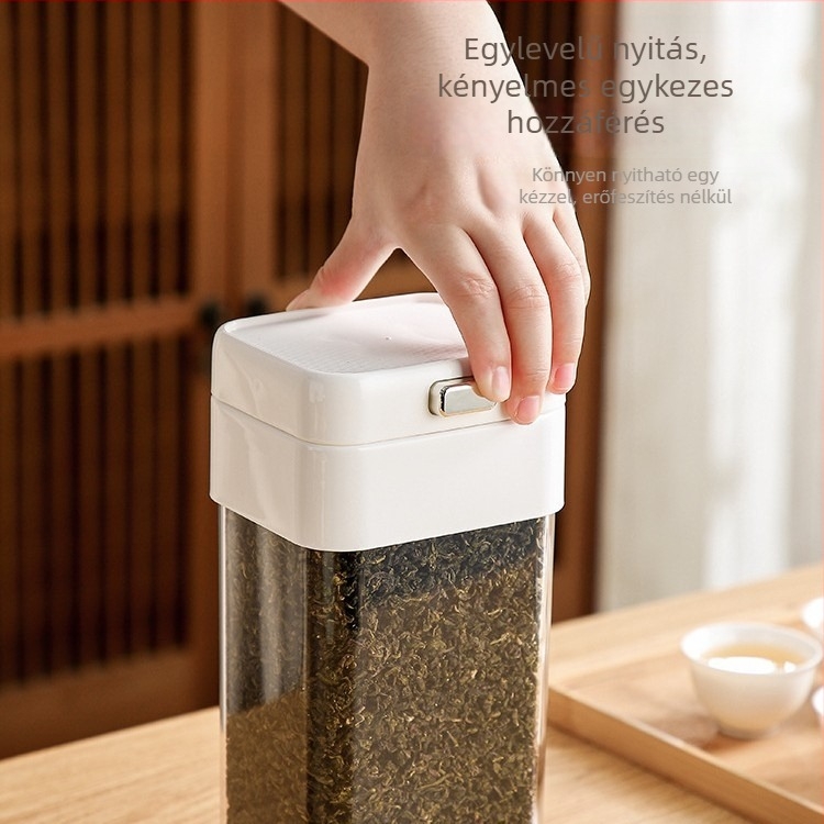 Téglalap alakú műanyag vákuumzáras tároló fedővel, 1-2 literes kapacitás, kávé, dió, nassolnivalók és tea tárolására