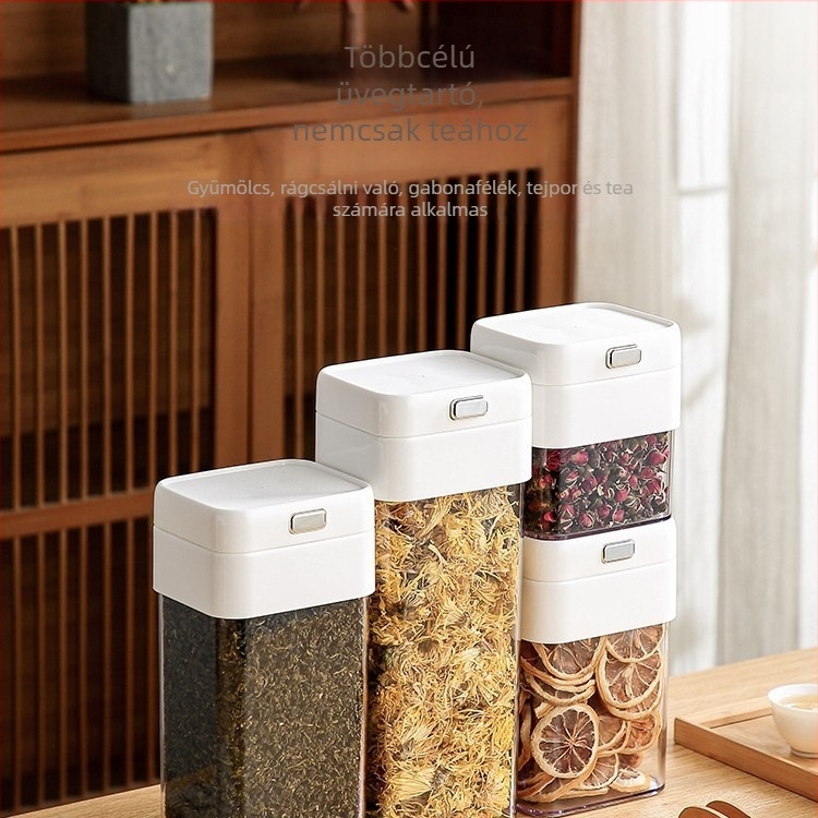 Téglalap alakú műanyag vákuumzáras tároló fedővel, 1-2 literes kapacitás, kávé, dió, nassolnivalók és tea tárolására