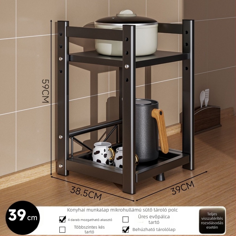 Mikrohullámú sütő és konyhai készülékek tároló állványa – húzós, több szintű asztali kialakítás; szénacél; modell 16018; márka Yimu Pinchuan; modern minimalist stílus