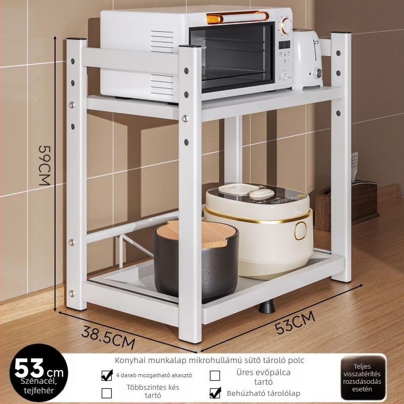 Mikrohullámú sütő és konyhai készülékek tároló állványa – húzós, több szintű asztali kialakítás; szénacél; modell 16018; márka Yimu Pinchuan; modern minimalist stílus