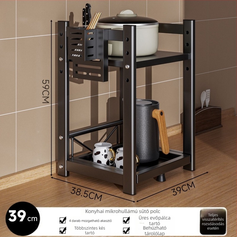 Mikrohullámú sütő és konyhai készülékek tároló állványa – húzós, több szintű asztali kialakítás; szénacél; modell 16018; márka Yimu Pinchuan; modern minimalist stílus