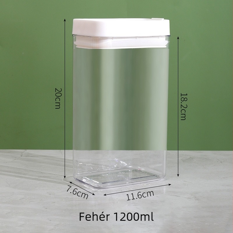 Zárt, átlátszó műanyag konyhai tárolóedény dióhoz, zabhoz és fűszerekhez — kör alakú, 800–1000 ml, élelmiszerbiztonságos, mikrohullámú sütőbe nem használható