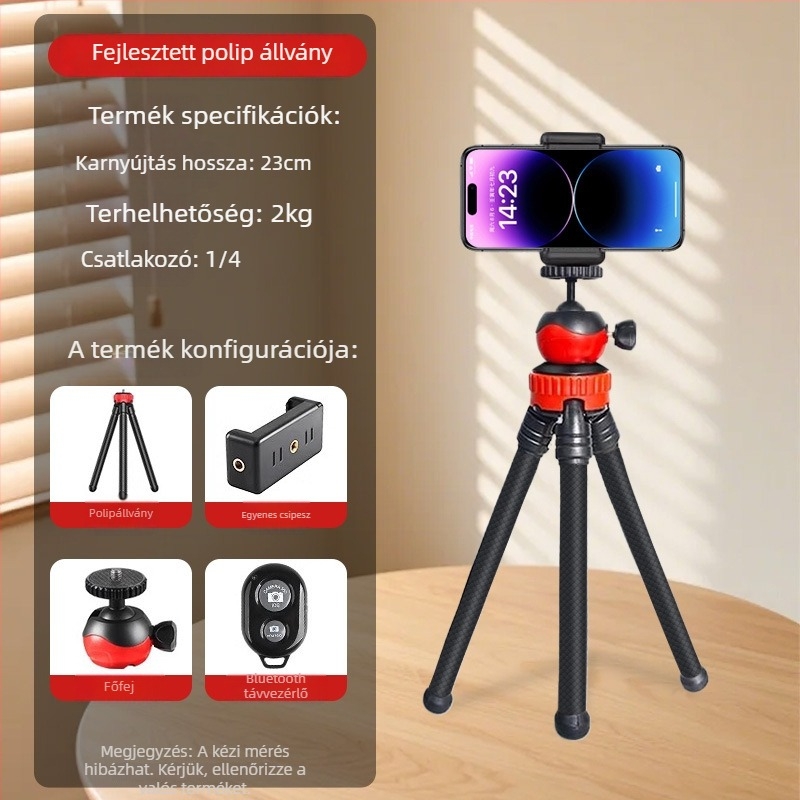 Bluetoothos polip-szerű telefon-tartó asztali használatra – élő közvetítésre és selfie-hez, rezgéscsillapító, hordozható