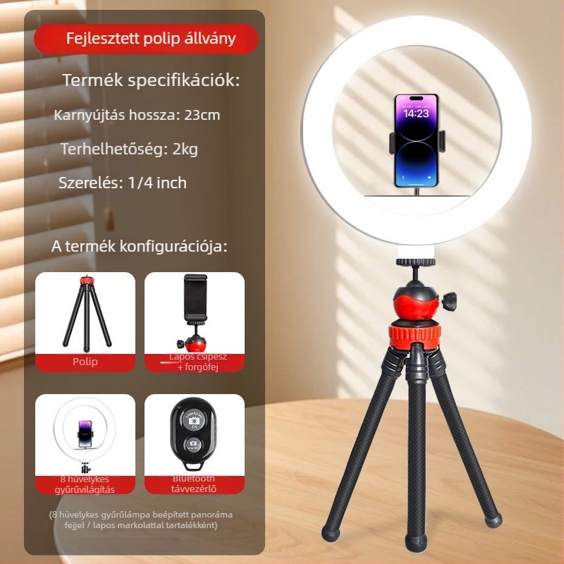 Bluetoothos polip-szerű telefon-tartó asztali használatra – élő közvetítésre és selfie-hez, rezgéscsillapító, hordozható