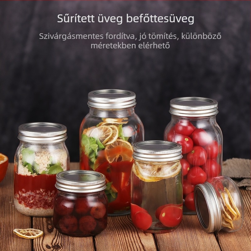 Széles szájú üveg tárolóedény alumínium fedéllel, zárt üveg lekvár tárolására