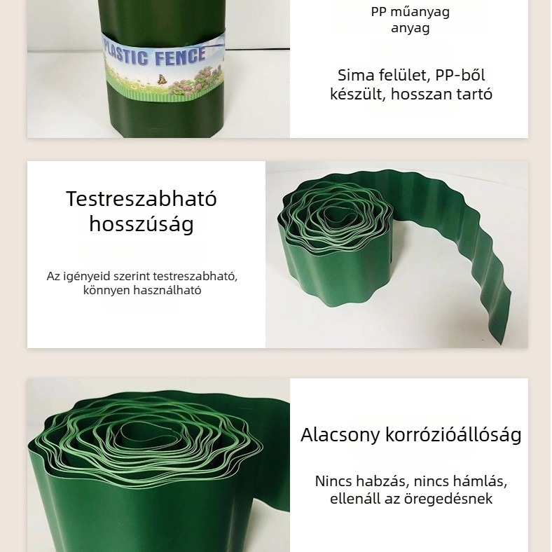 Hengxing PP műanyag kertészeti kerítés — hullámos kerítés, elválasztó szalag, gyep szegély