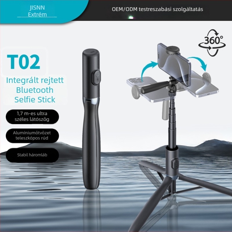 JISNN Bluetooth Szelfi Stick Tripod rejtett, integrált dizájnnal, anyag: nylon rost + alumínium ötvözet, távirányítóval, beépített világítás, testreszabható magáncímke