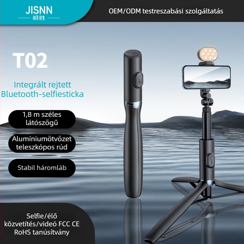 JISNN Bluetooth Szelfi Stick Tripod rejtett, integrált dizájnnal, anyag: nylon rost + alumínium ötvözet, távirányítóval, beépített világítás, testreszabható magáncímke