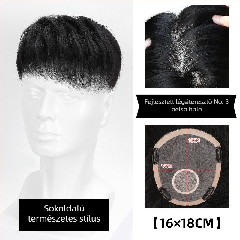 Férfiaknak készült részparóka természetes hajból, láthatatlan felső résszel, teljesen kézzel készített, egyenes haj, hossz 5–8 cm, festhető