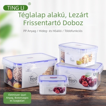 Négyszögletes műanyag ebédes doboz zárható fedéllel, hűtőben tárolásra