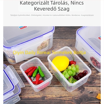 Négyszögletes műanyag ebédes doboz zárható fedéllel, hűtőben tárolásra