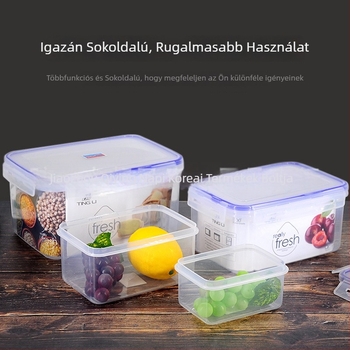 Négyszögletes műanyag ebédes doboz zárható fedéllel, hűtőben tárolásra