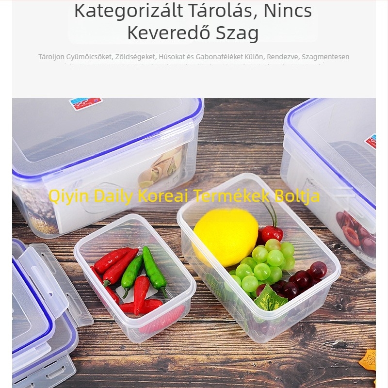Négyszögletes műanyag ebédes doboz zárható fedéllel, hűtőben tárolásra