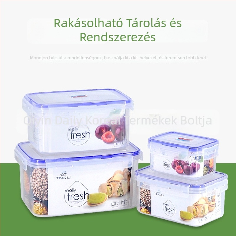 Négyszögletes műanyag ebédes doboz zárható fedéllel, hűtőben tárolásra