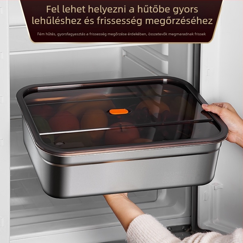 Rozsdamentes acél ételtároló doboz, 1–2 L, téglalap alakú, zárható és szivárgásmentes, mikrózható