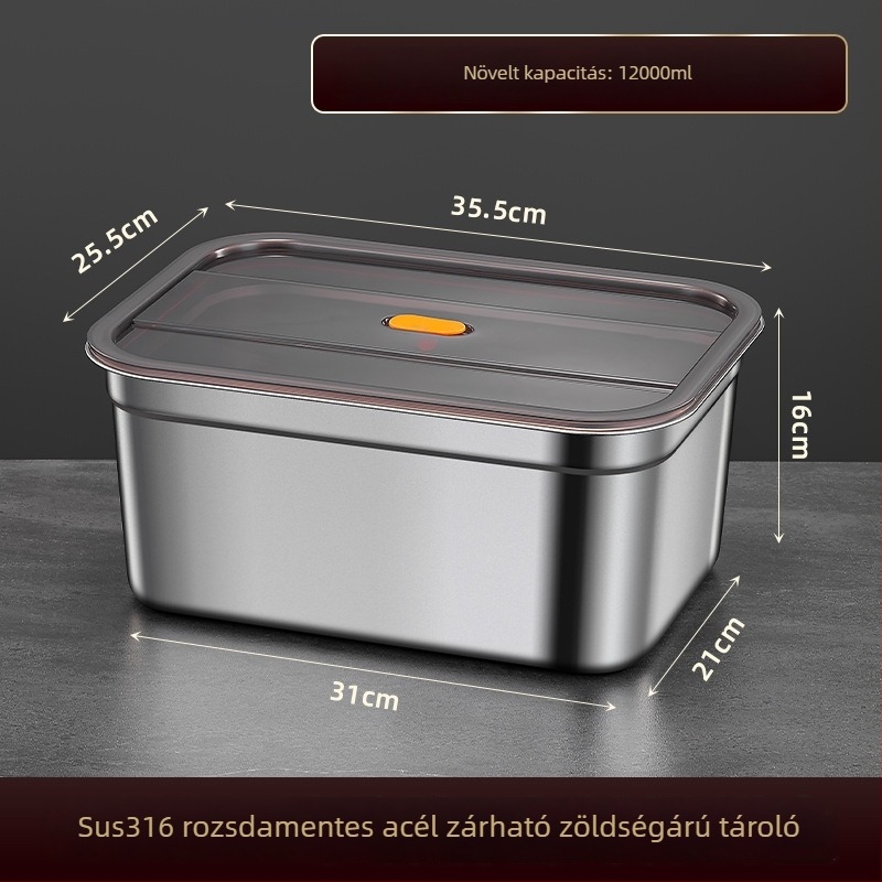 Rozsdamentes acél ételtároló doboz, 1–2 L, téglalap alakú, zárható és szivárgásmentes, mikrózható