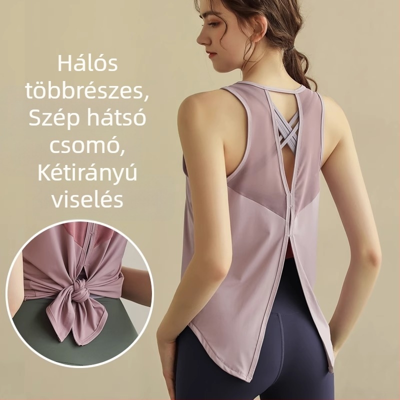 Laza sportmellény jógahoz, szellőző nylon anyagból, hátsó nyitott, csípőhosszú, gyorsan száradó - Nyár 2024