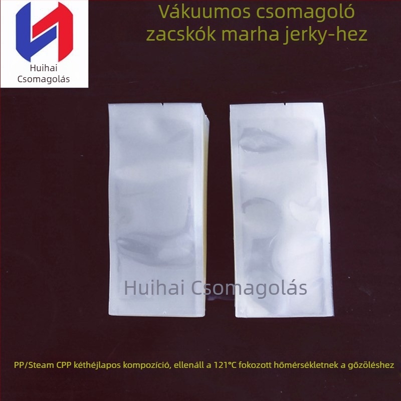 Élelmiszer-vákuum tasak, átlátszó vákuumfőző tasak szárított marhahús csomagolásához; Huihai Packaging; napi termelés 10 000 000; licencszám Hebei XK16-204-00560