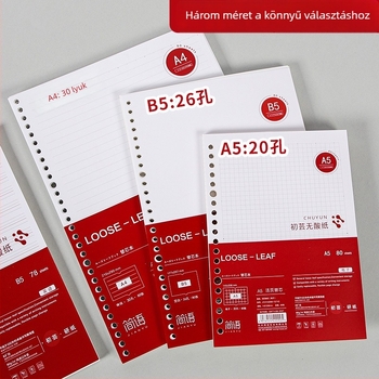Binder kötésű jegyzetfüzet refill, cellulózalapú papír, 80 gsm, 100–200 oldal, oldalak vonalas és négyzetrácsos