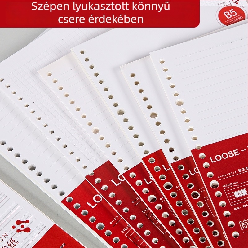 Binder kötésű jegyzetfüzet refill, cellulózalapú papír, 80 gsm, 100–200 oldal, oldalak vonalas és négyzetrácsos