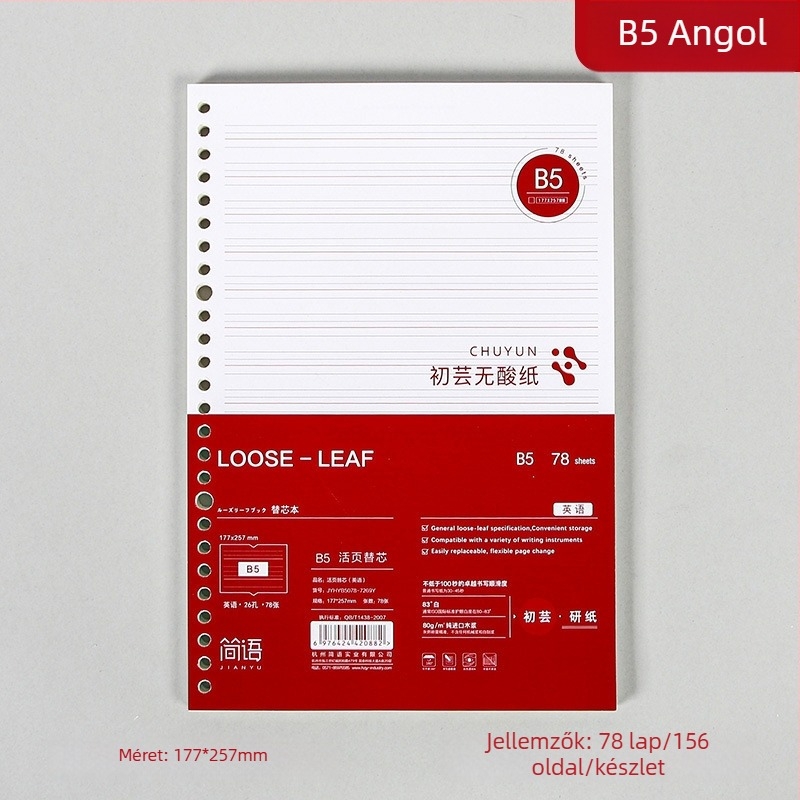 Binder kötésű jegyzetfüzet refill, cellulózalapú papír, 80 gsm, 100–200 oldal, oldalak vonalas és négyzetrácsos