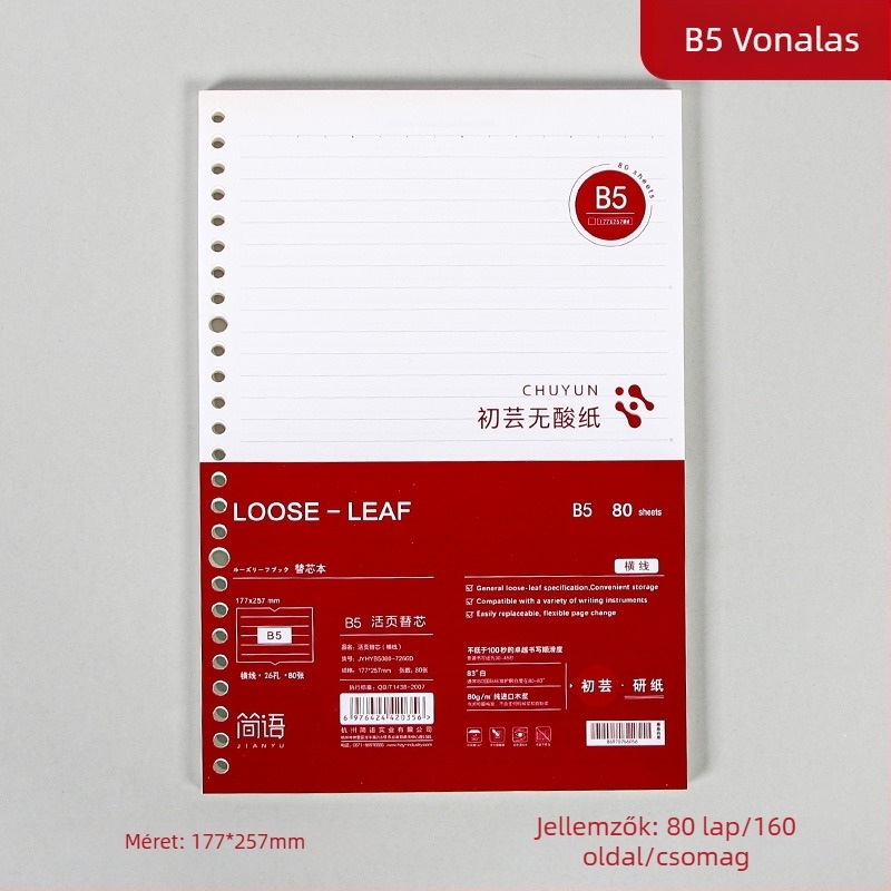 Binder kötésű jegyzetfüzet refill, cellulózalapú papír, 80 gsm, 100–200 oldal, oldalak vonalas és négyzetrácsos